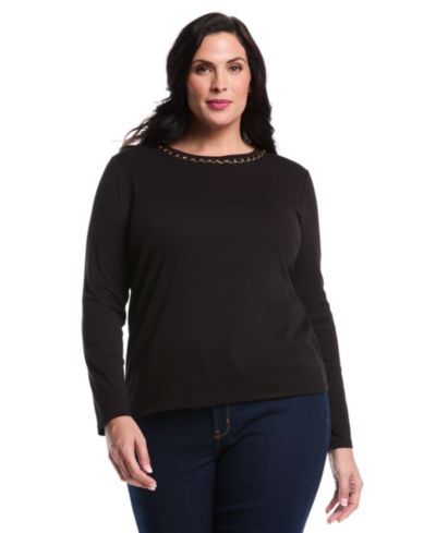 Rafaella Plus Size Chain Neck Detail Long-Sleeve Top