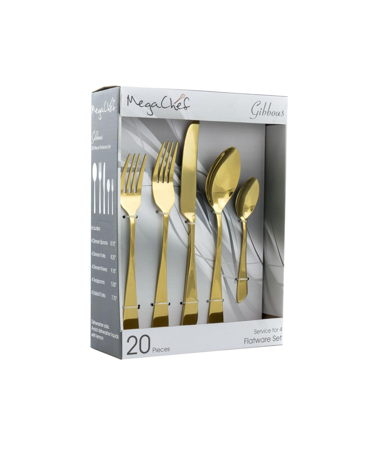 MegaChef Gibbous 20 Piece Flatware Utensil Set, Stainless Steel Silverware Metal Service for 4 in Gold