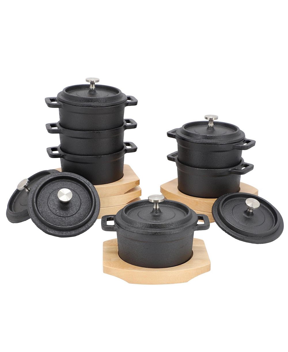 MegaChef набор из 6 мини-казанов Cast Iron по 8 Ounce с деревянным подно tray