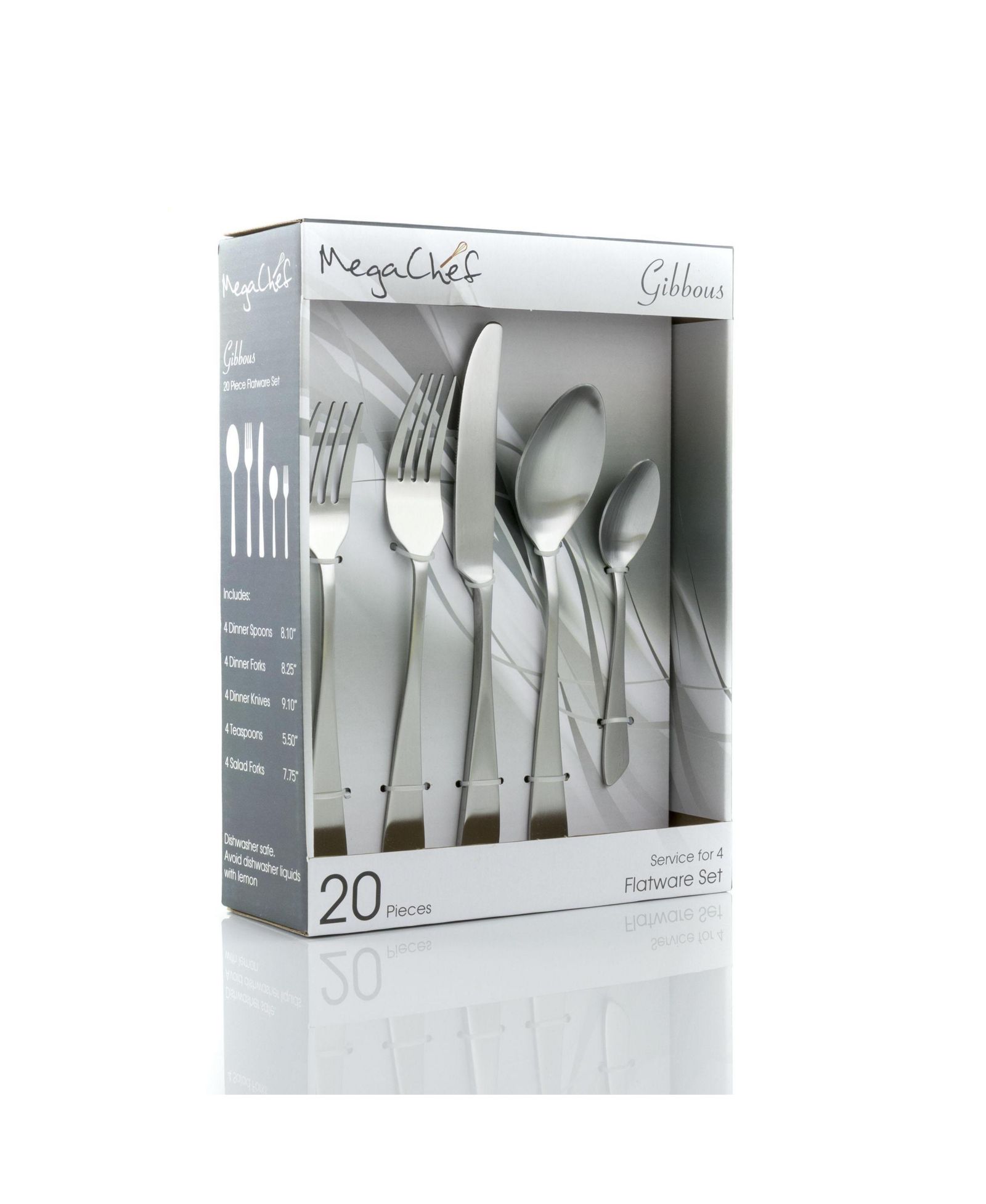MegaChef Gibbous 20 Piece Flatware Utensil Set, Stainless Steel Silverware Metal Service for 4 in Matte Silver