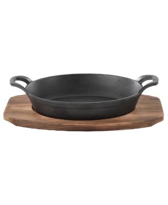 MegaChef Mini Cast Iron Oval Pan with Wood Tray