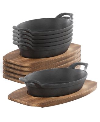MegaChef 6 Piece Mini Cast Iron Oval Pan with Wood Tray Set