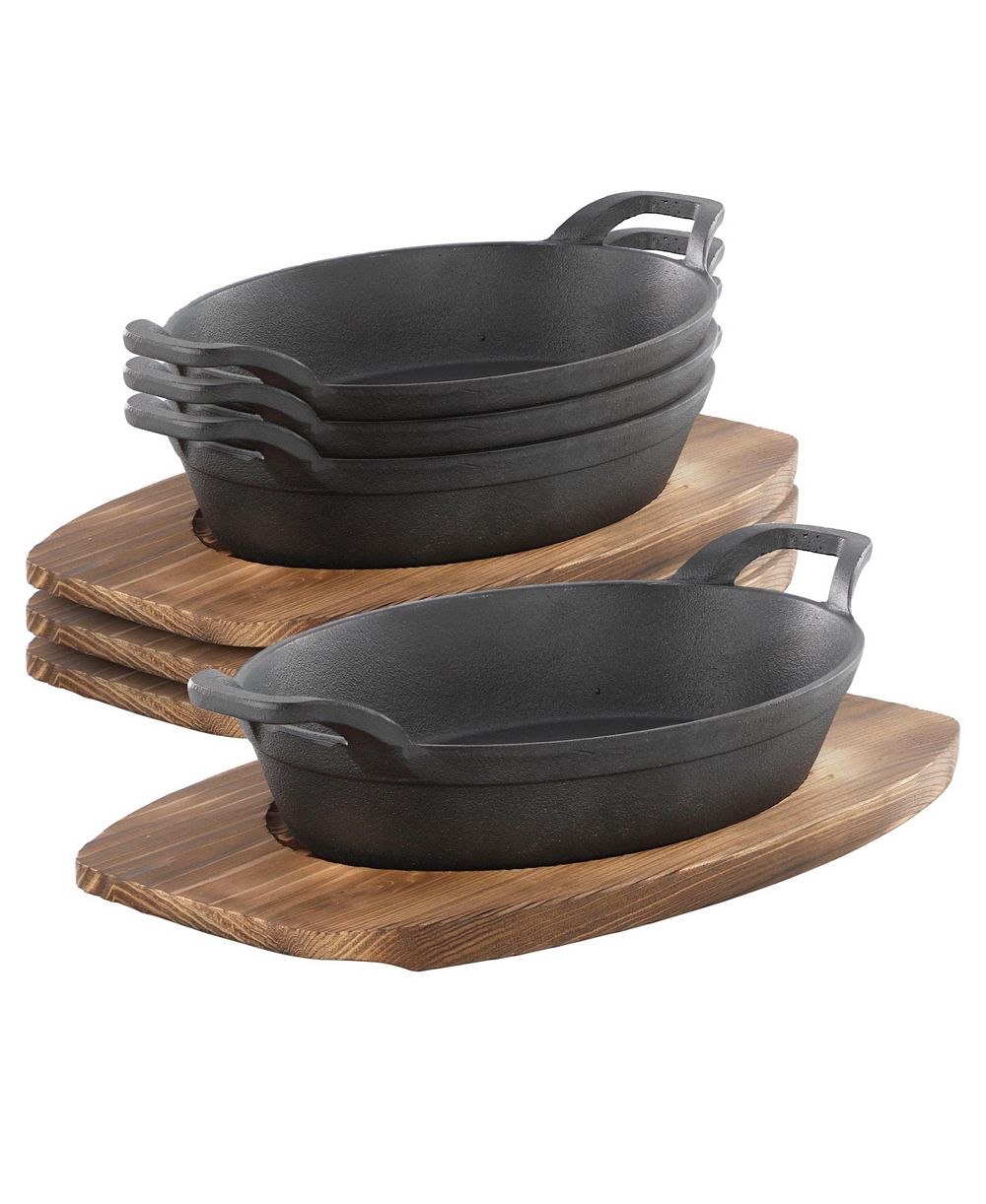 MegaChef 4 Piece Mini Cast Iron Oval Pan with Wood Tray Set