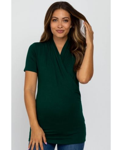 Pinkblush Women's Forest Green Solid Short Sleeve Wrap Front Maternity/Nursing Top