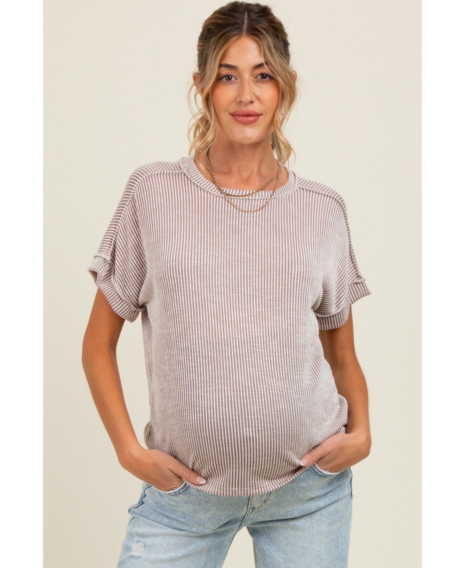Pinkblush Women's Pink Ribbed Exposed Seam Short Sleeve Top