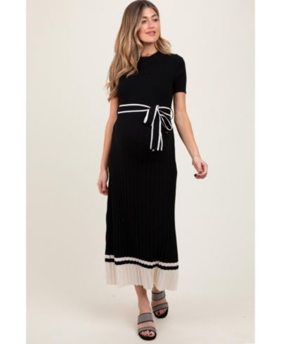 Pinkblush Women's Black Ribbed Knit Pleated Midi Dress