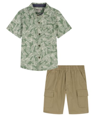 Kids Headquarters Boys' Toddler 2T-5T Short-Sleeve Palm Print Textured Shirt & Cargo Shorts, 2-Piece Set
