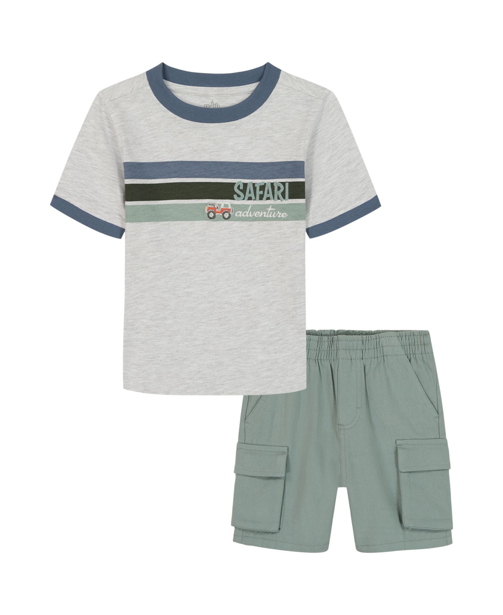 Kids Headquarters Boys' Toddler 2T-5T Short-Sleeve Safari Stripes T-Shirt and Poplin Cargo Shorts, 2-Piece Set