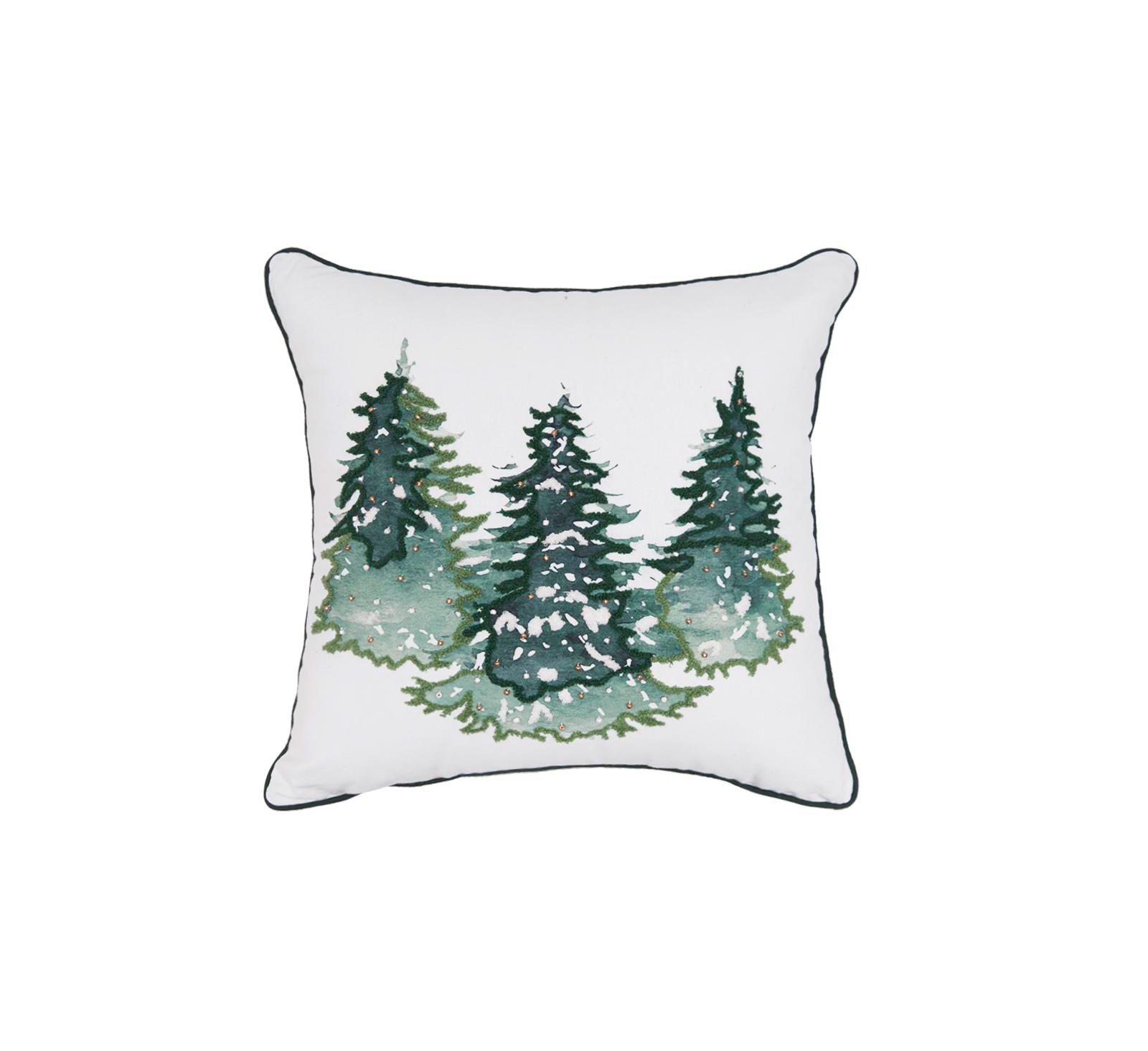 Evergreen Trees Embellished 100% Cotton Christmas Accent Throw Pillow 18" x 18"