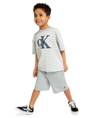 Calvin Klein Boys' 2T-7 Relaxed Striped T-Shirt and French Terry Cargo Shorts, 2-Piece Set