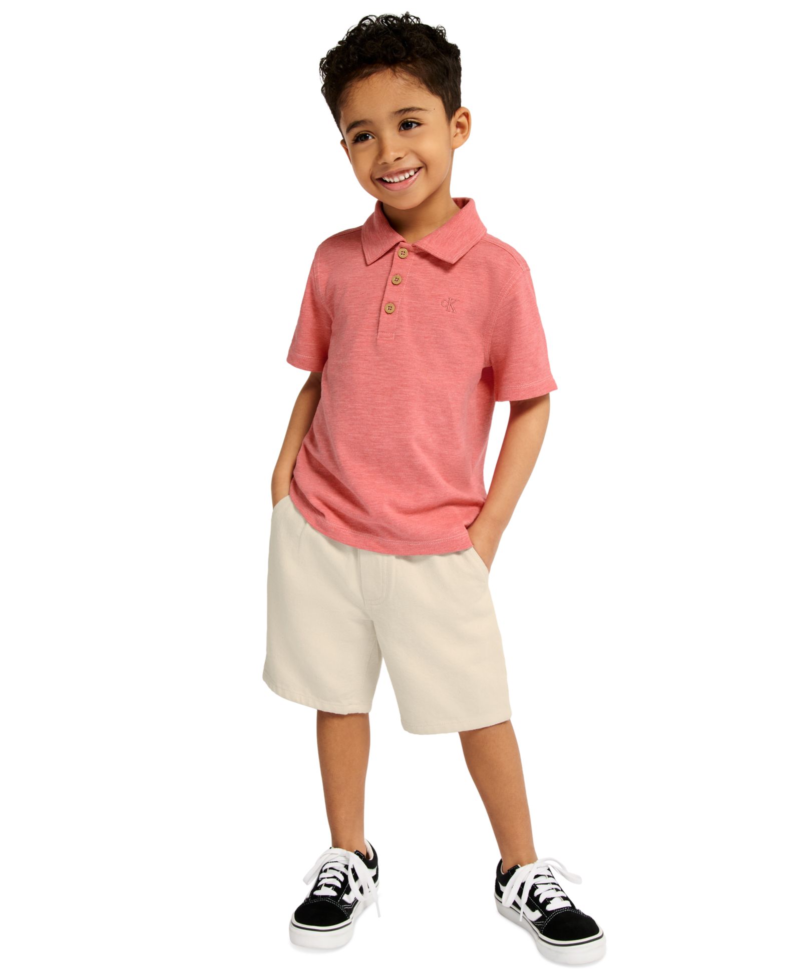 Calvin Klein Boys' 2T-7 Slub Pique Polo Shirt and Denim Shorts, 2-Piece Set