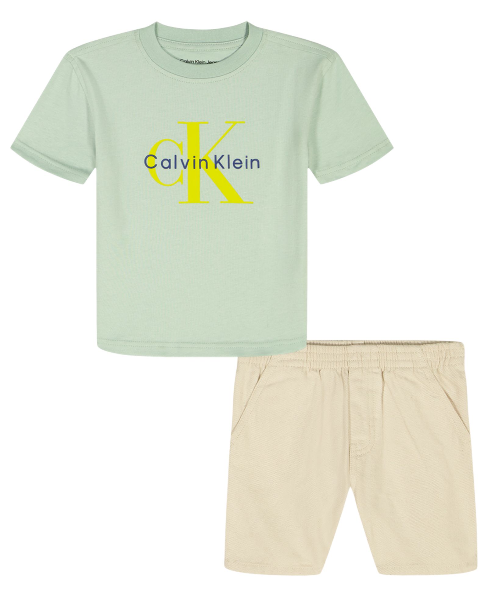 Calvin Klein Toddler and Little Boys' 2T-7 Relaxed Monogram T-Shirt and Natural Denim Shorts, 2-Piece Set