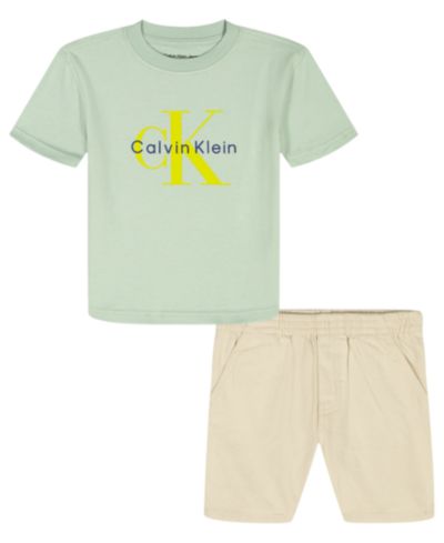 Calvin Klein Toddler and Little Boys' 2T-7 Relaxed Monogram T-Shirt and Natural Denim Shorts, 2-Piece Set
