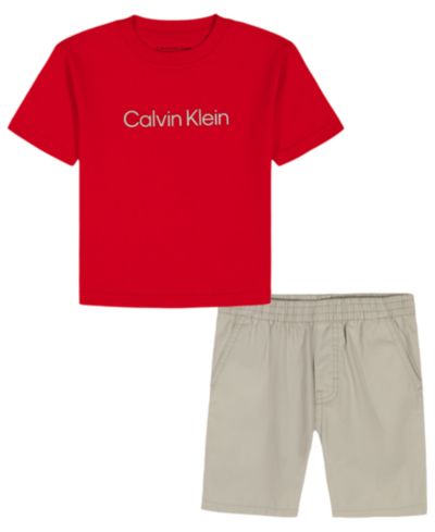 Calvin Klein Boys' 2T-7 Relaxed Logo T-Shirt and Cotton Poplin Shorts, 2-Piece Set
