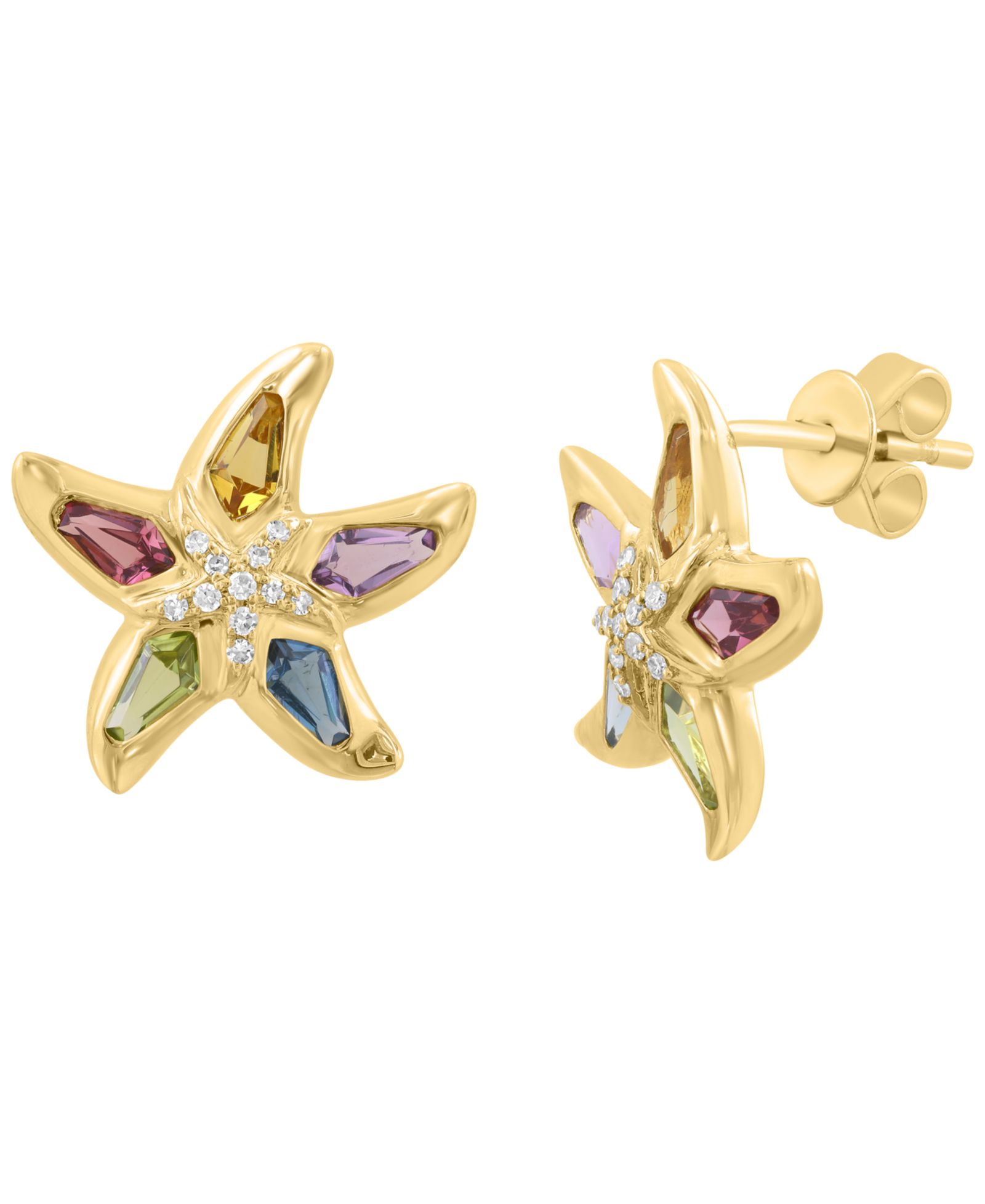 EFFY Collection Diamond (1/20 ct. t.w.) & Multi Gemstones (1-1/5 ct. t.w.) Stud Earrings in 14k Yellow Gold