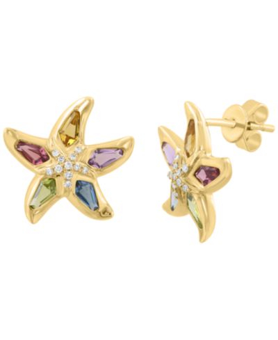 Серьги-гвоздики EFFY Collection Diamond (1/20 ct. t.w.) & Multi Gemstones (1-1/5 ct. t.w.) в 14k Yellow Gold