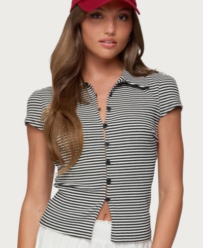 Edikted Women's Beau Striped Ribbed Button Up Top