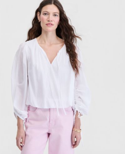 On 34th Women's Cotton Solid Tie-Front Volume-Sleeve Blouse, Macy's Exclusive