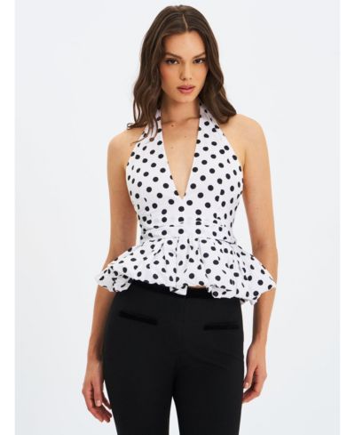 Miss Circle Women's Ilene White and Black Polka Dot Bubble Hem Halter Top