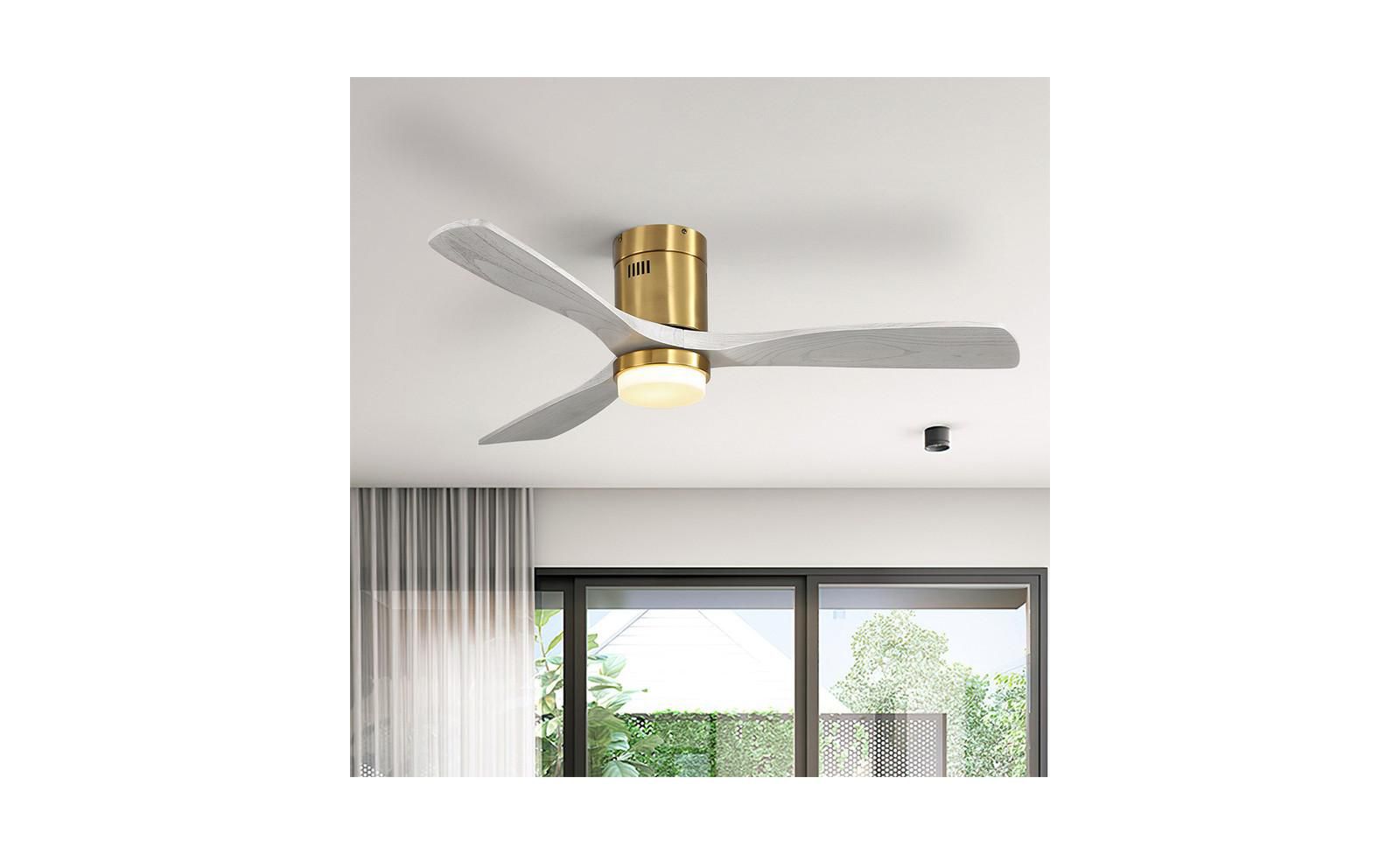 Sofucor 52 Inch 3 Solid Wood Blade Flush Mount Ceiling Fan with Tri Color Adjustable Light and Remote Control