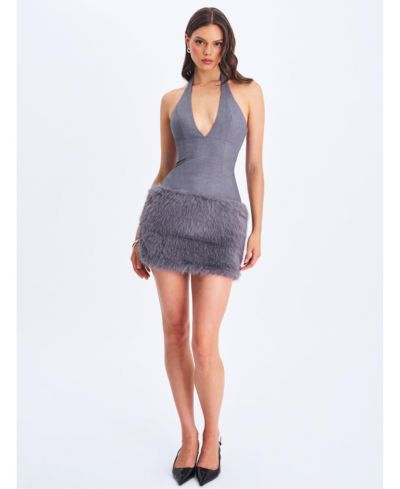 Miss Circle Women's Daisy Grey Drop Waist Faux Fur Trim Halter Mini Dress
