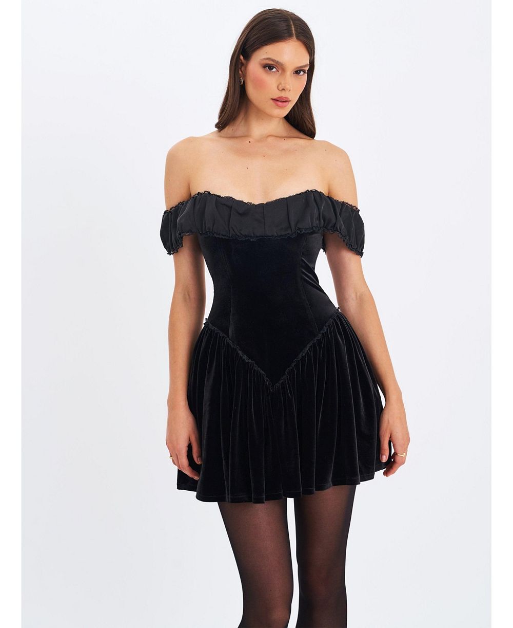 Miss Circle Women's Daisha Black Lace Trimmed Off-Shoulder Ruched Mini Dress