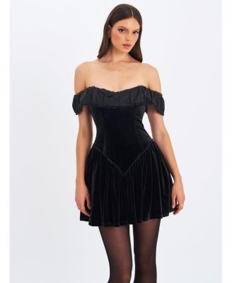 Miss Circle Women's Daisha Black Lace Trimmed Off-Shoulder Ruched Mini Dress