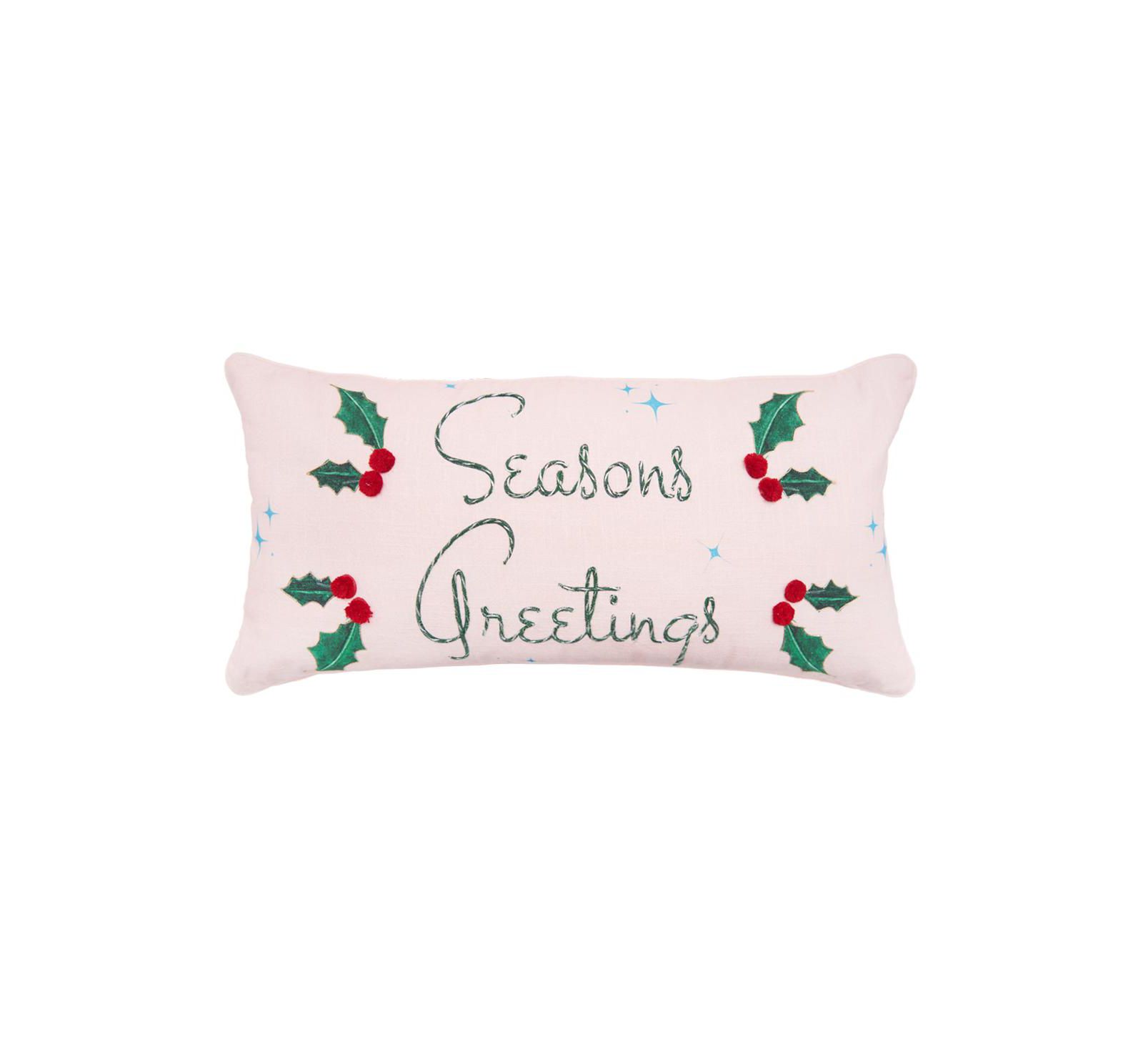 Holly Leaves and Berries "Seasons Greetings" Cotton Blend Accent Pillow 12" x 24"