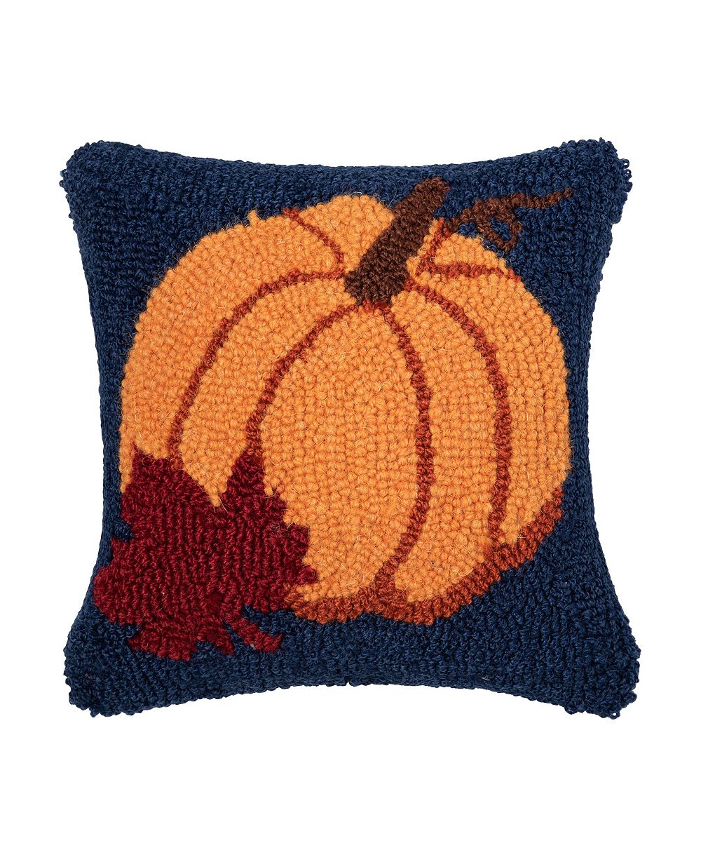 Autumn Pumpkin and Leaf Hooked Mini Accent Pillow 10" x 10"