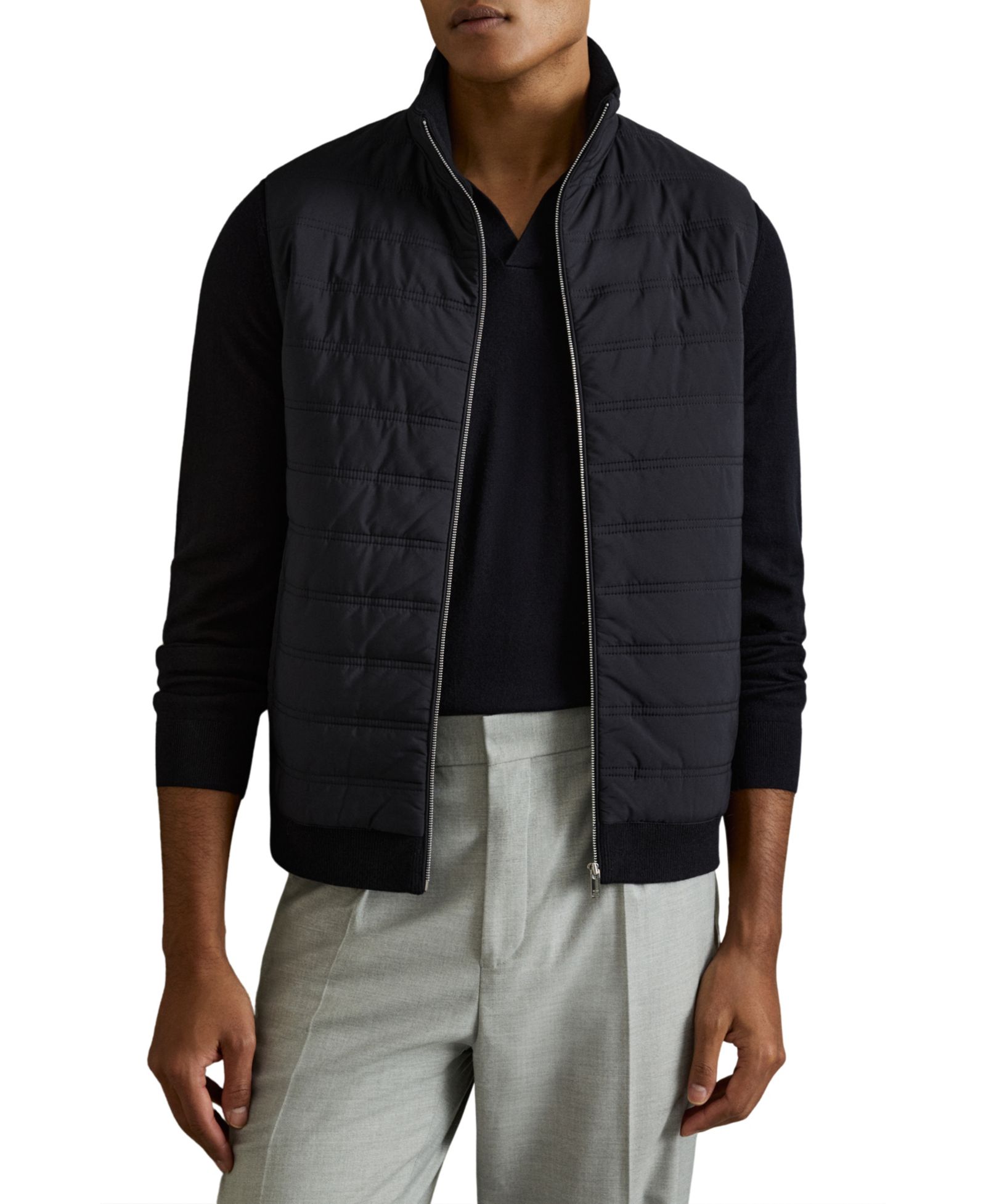 REISS Men's William Hybrid Quilt and Knit Zip-Through Gilet