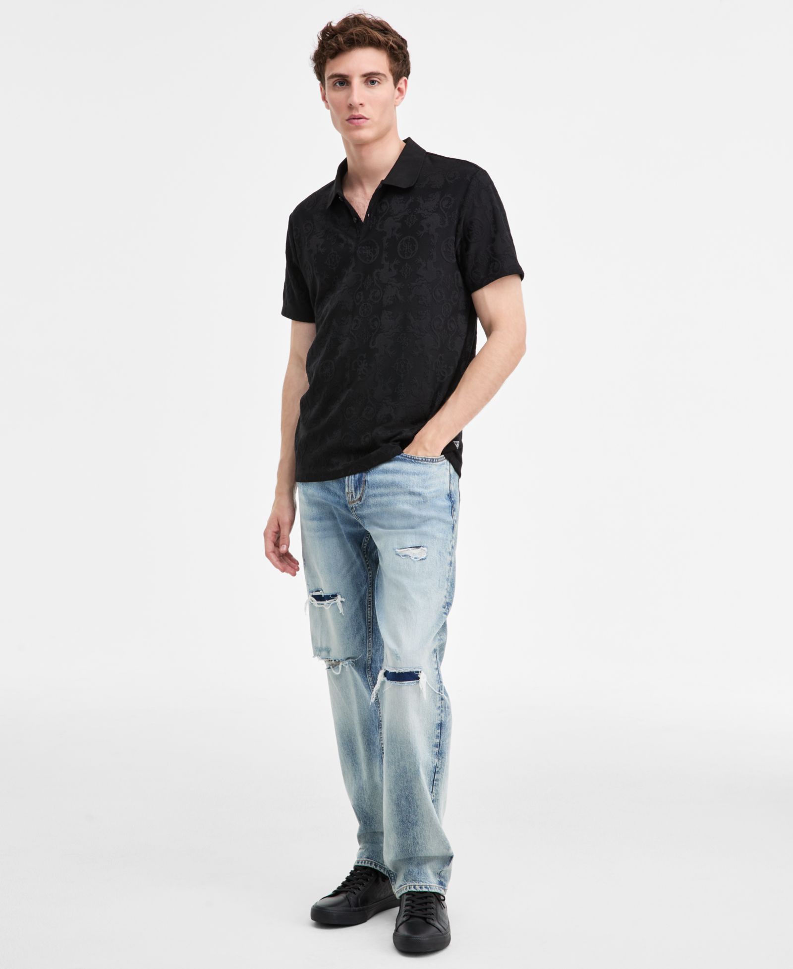 GUESS Men's Tonal Jacquard Short-Sleeve Knit Polo Shirt