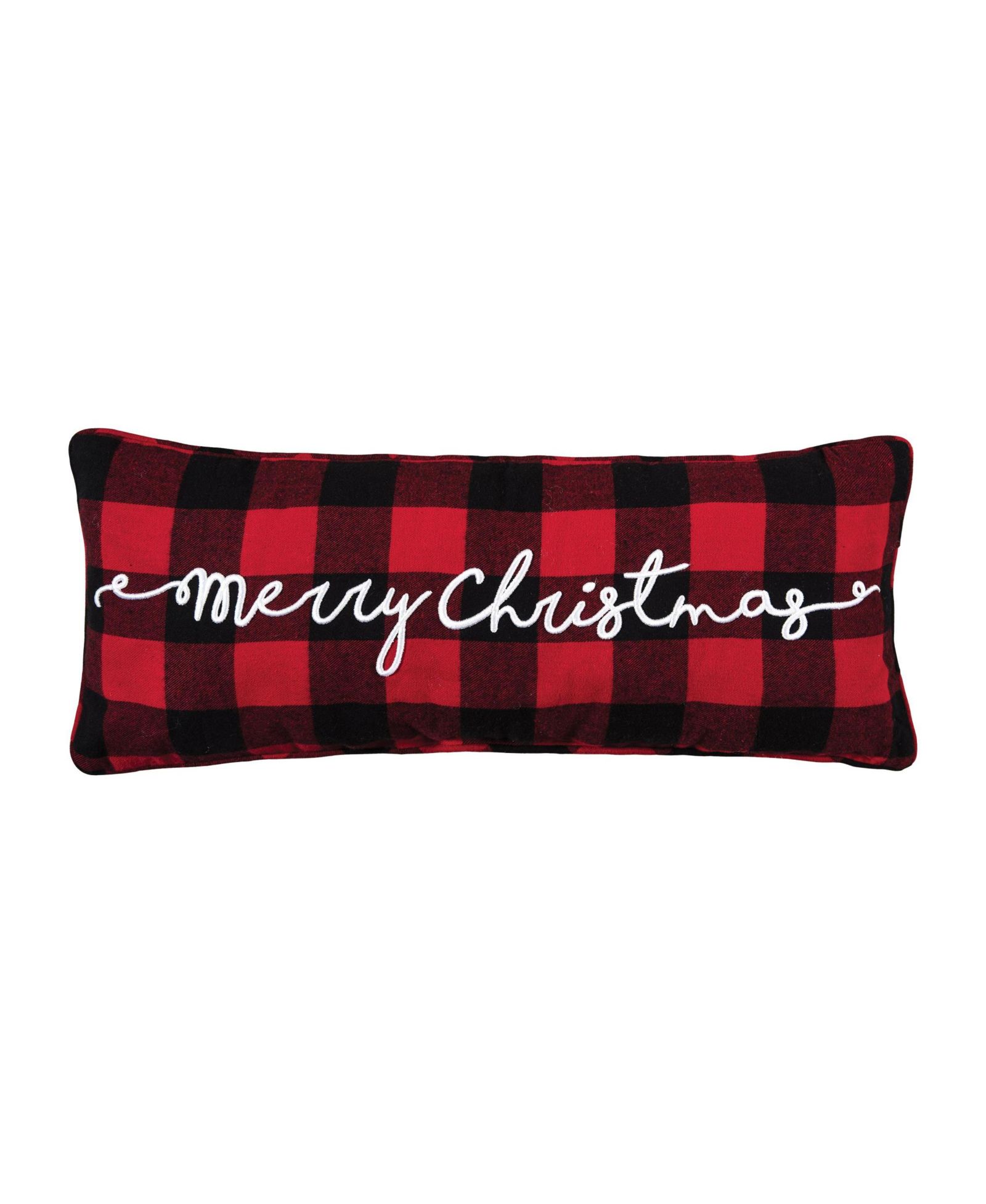 Plaid Checkered "Merry Christmas" Embroidered Cotton Blend Mini Accent Pillow 9" x 22"