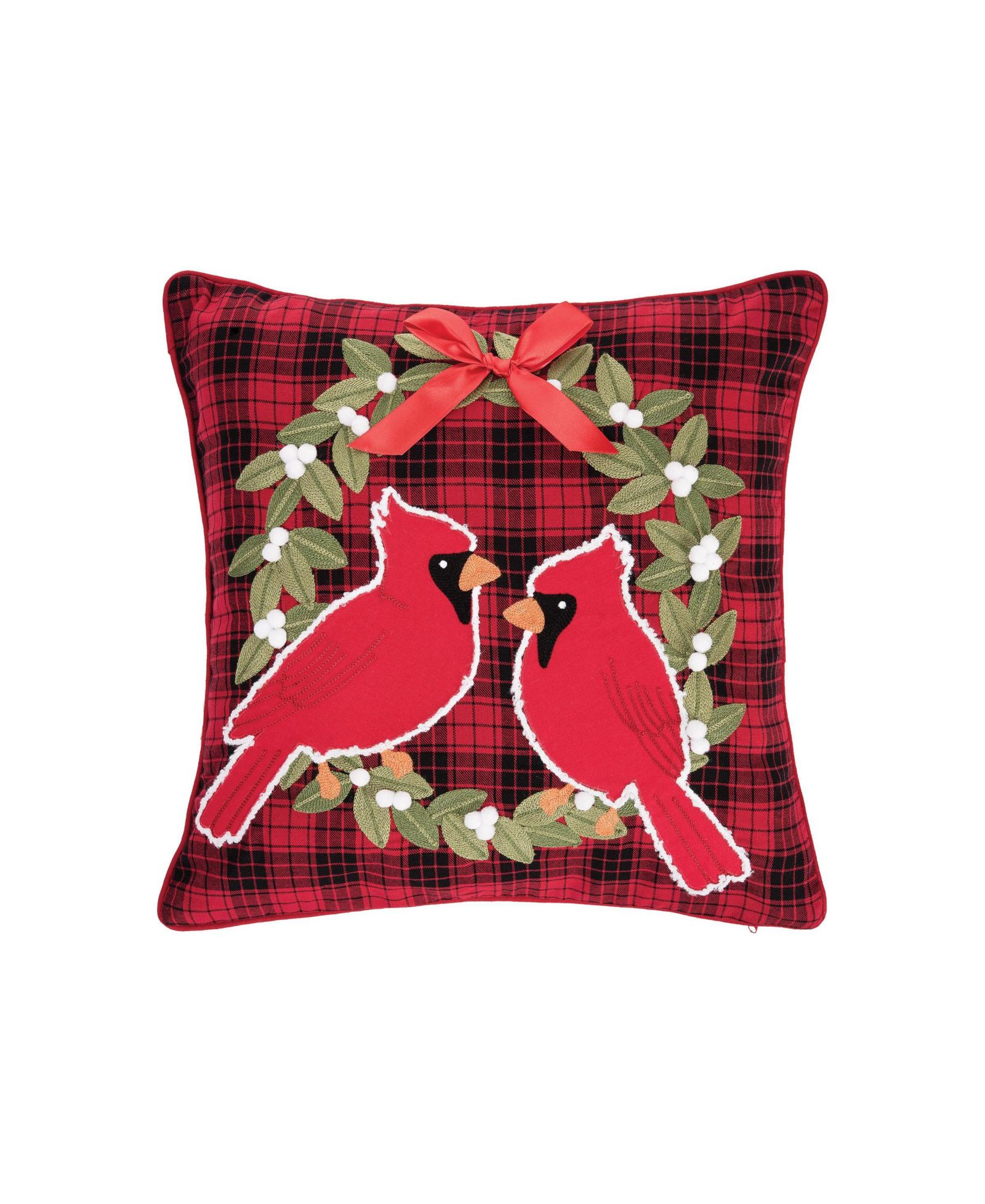 C&F Home Cardinal on Holly Wreath Plaid Cotton Blend Christmas Tufted Accent Throw Pillow – 18" x 18" Decorative Pillow