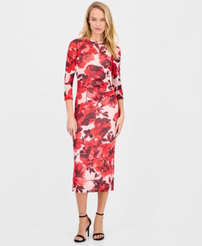 Anne Klein Women's Side-Ruched 3/4-Sleeve Midi Dress