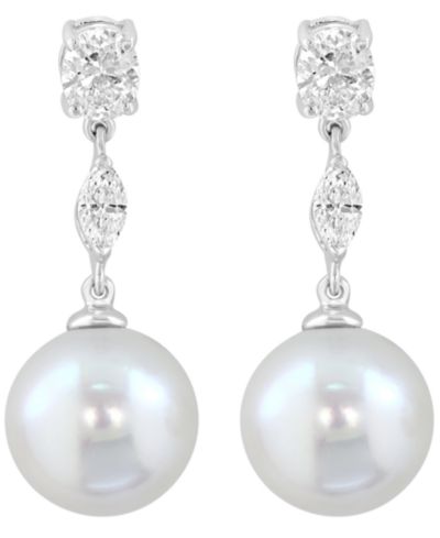 Серьги EFFY Collection с речным жемчугом (10mm) и выращенным в лаборатории бриллиантом (3/4 ct. t.w.) из белого золота 14k
