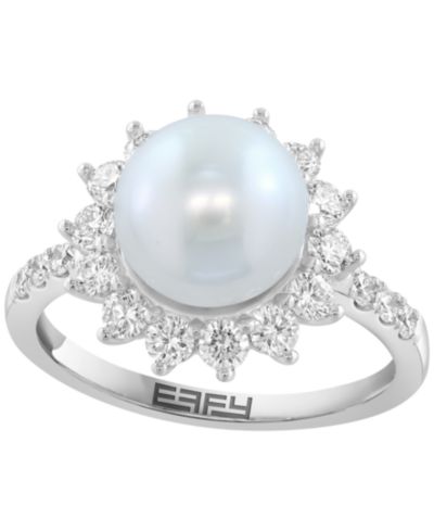Кольцо EFFY Collection с речным жемчугом (12mm) и выращенным в лаборатории бриллиантом (1-1/2 ct. t.w.) из стерлингового серебра