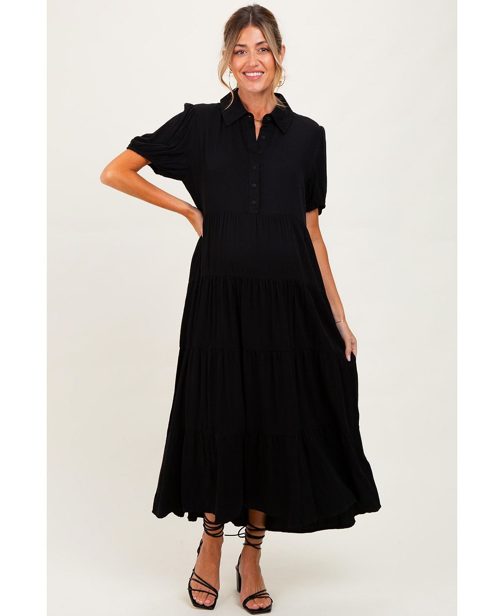 Pinkblush Women's Black Collared Button Down Tiered Midi Dress
