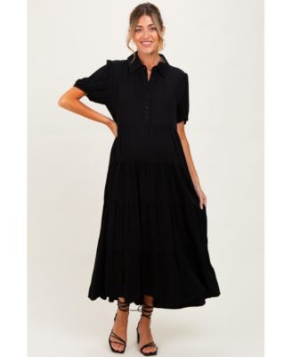 Pinkblush Women's Black Collared Button Down Tiered Midi Dress