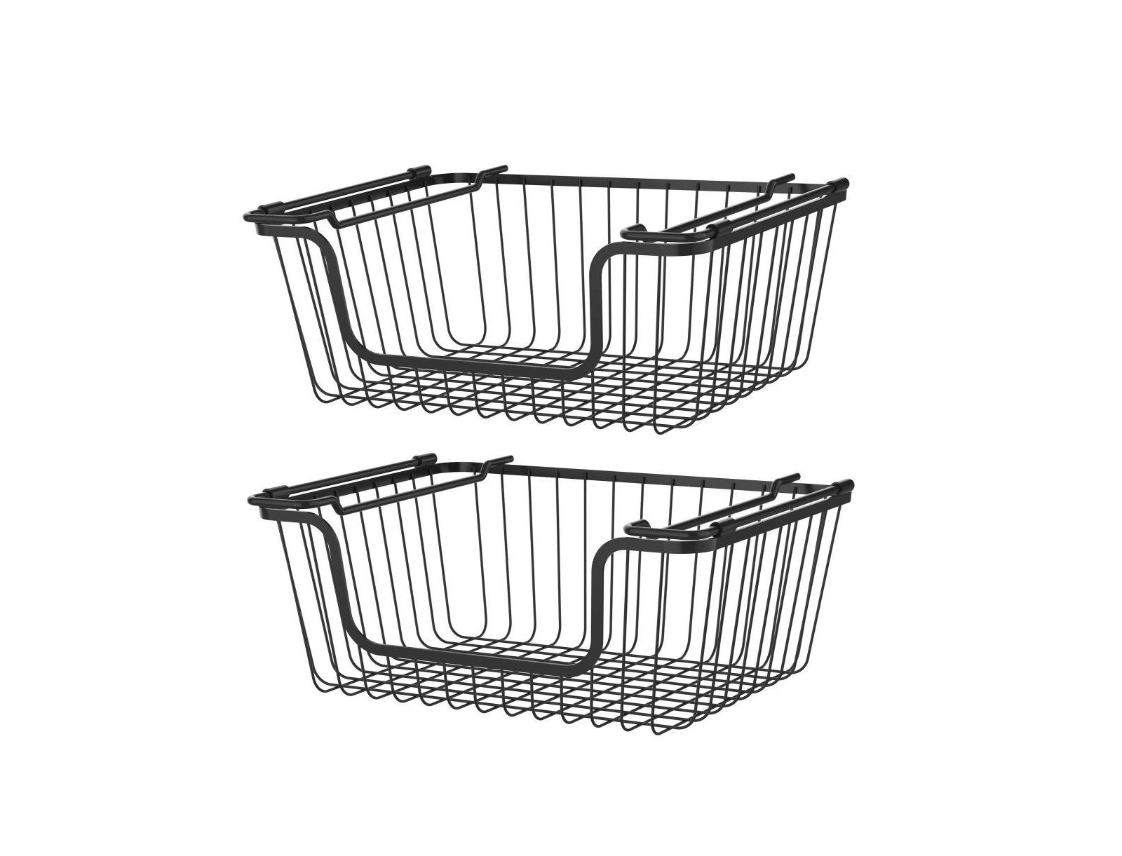 Oceanstar Stackable Metal Wire Storage Basket Set for Pantry, Countertop, Kitchen or Bathroom, Black, Set of 2