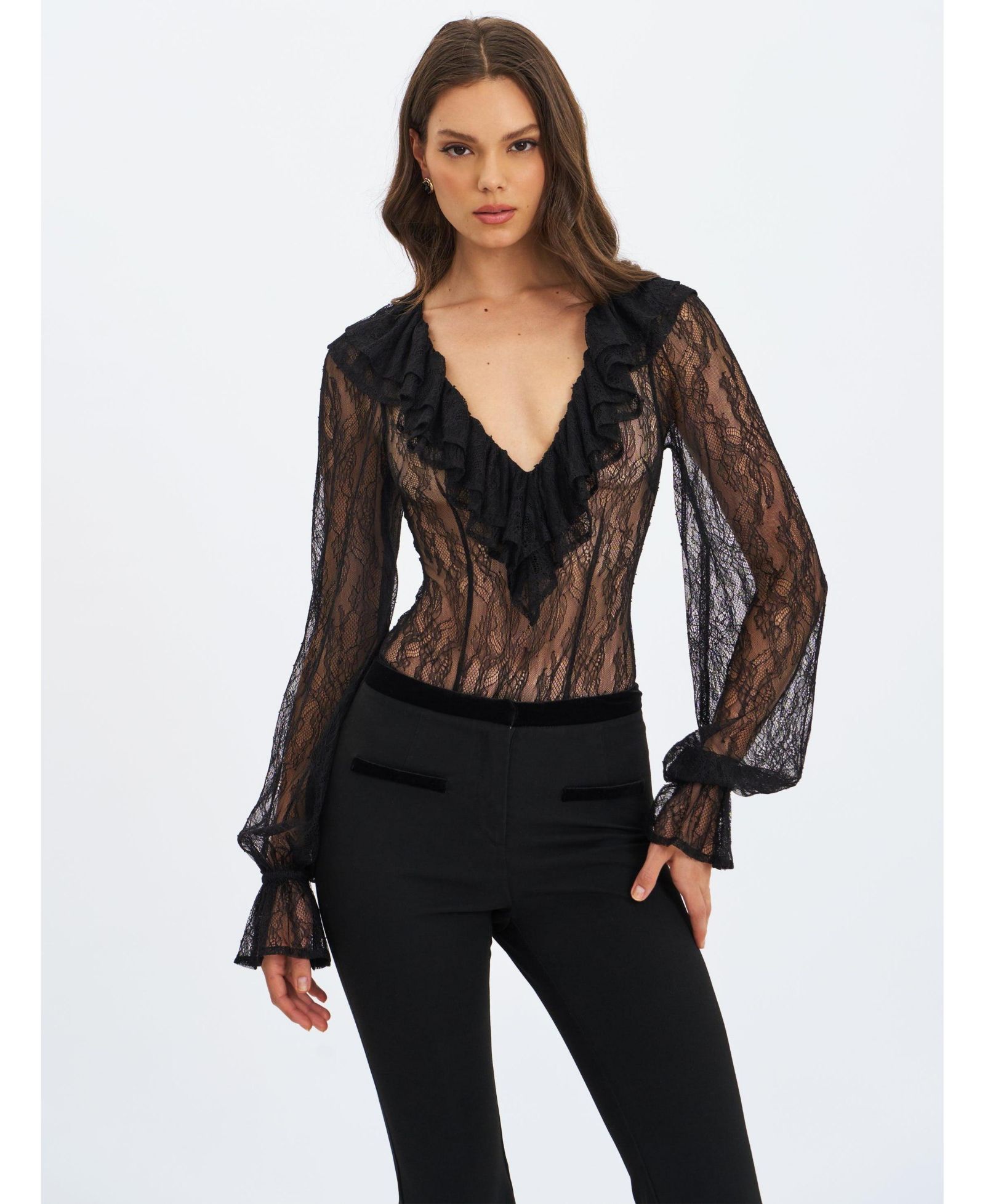 Miss Circle Women's Taliah Black Sheer Lace Ruffled Collar Bodysuit