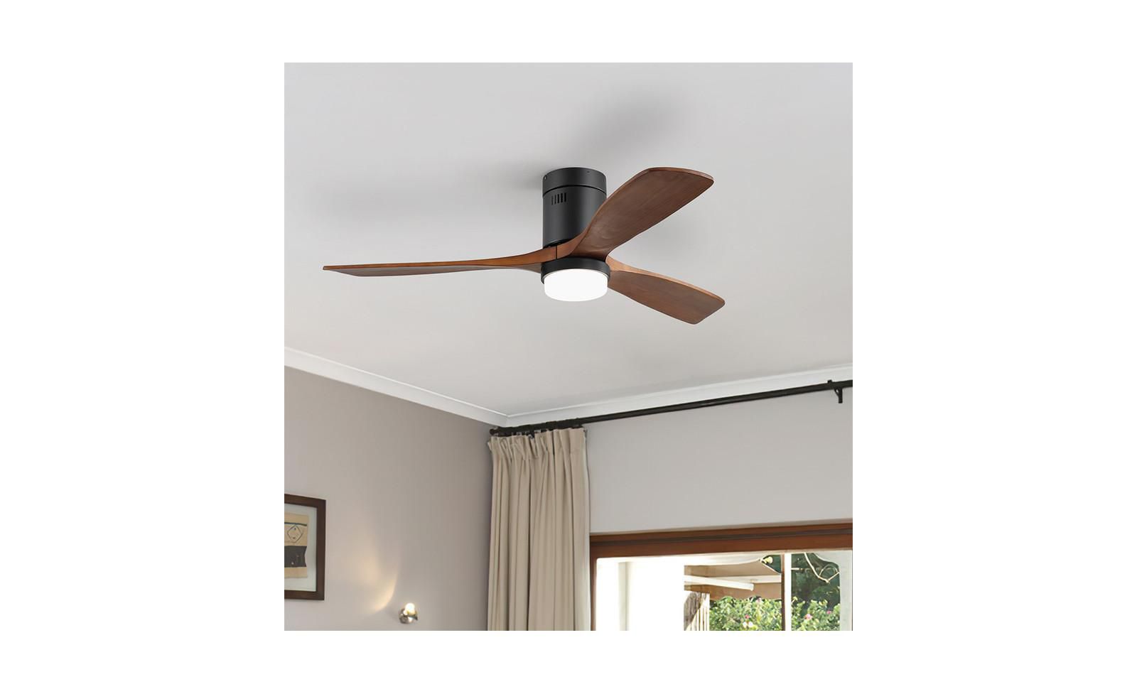 Sofucor 52-inch Modern Black 3 Solid Wood Blades Flush Mount Tri color Adjustable Ceiling Fan Light with Remote Control