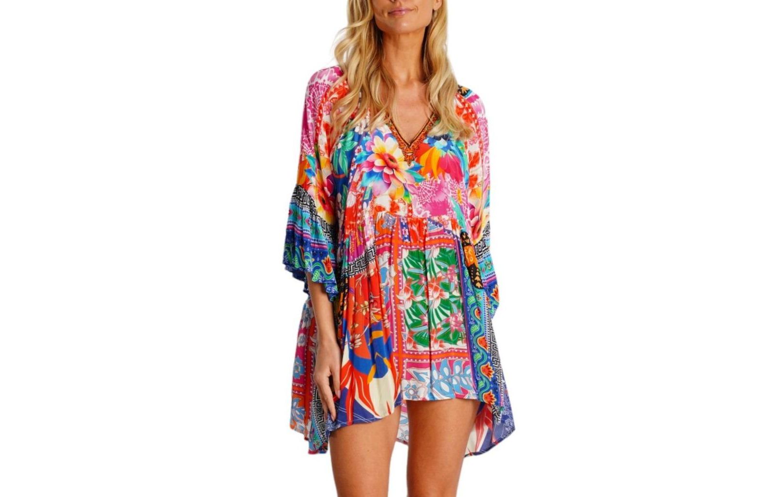 La Moda Clothing Women's Multicolor Mini Dress with Side Asymmetrical Hem and Beaded Neckline
