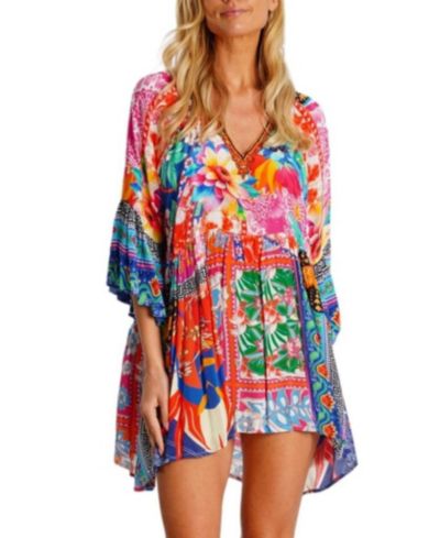 La Moda Clothing Women's Multicolor Mini Dress with Side Asymmetrical Hem and Beaded Neckline
