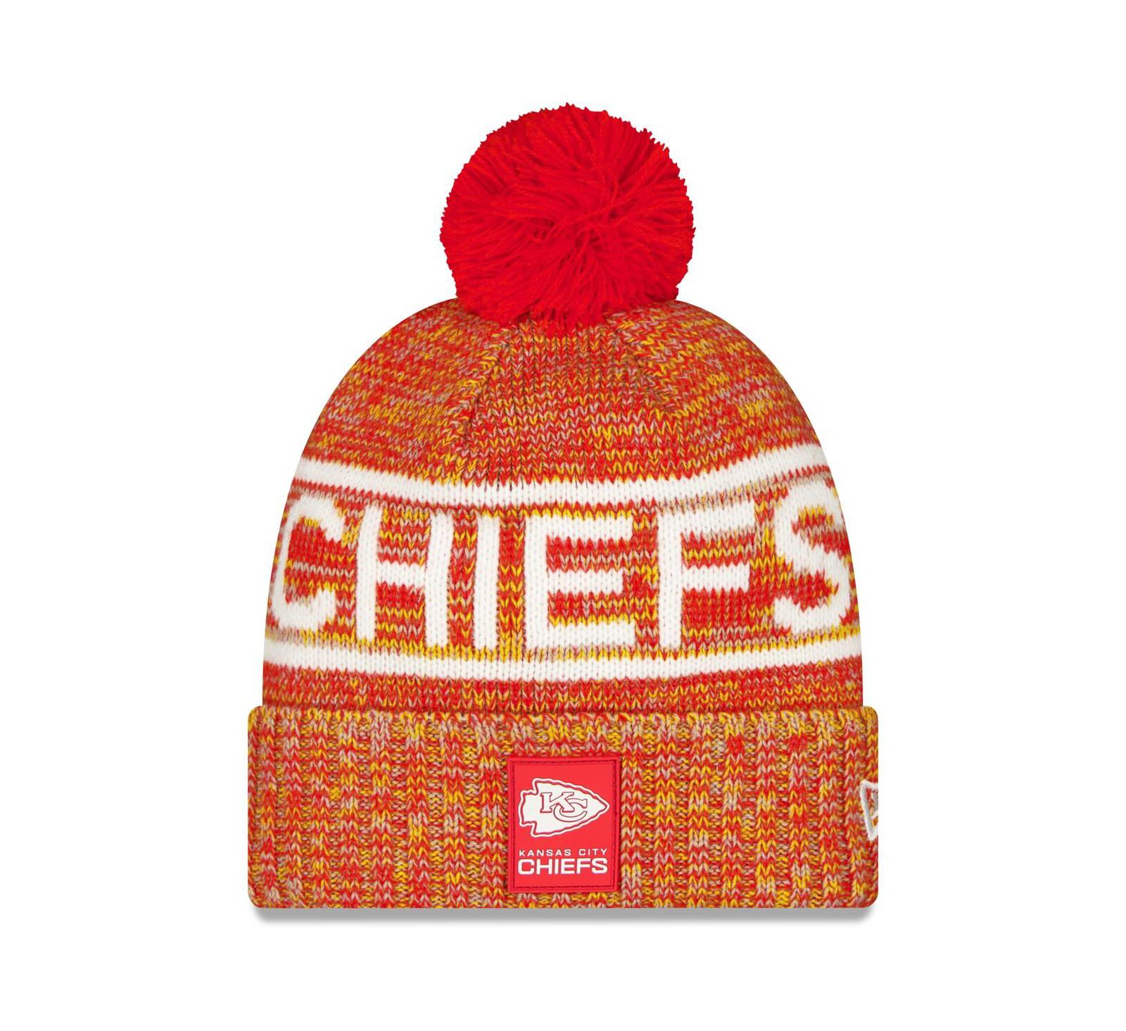 New Era Men's Red Kansas City Chiefs 2025 Sideline Cold Weather Cuffed Knit with Pom Hat