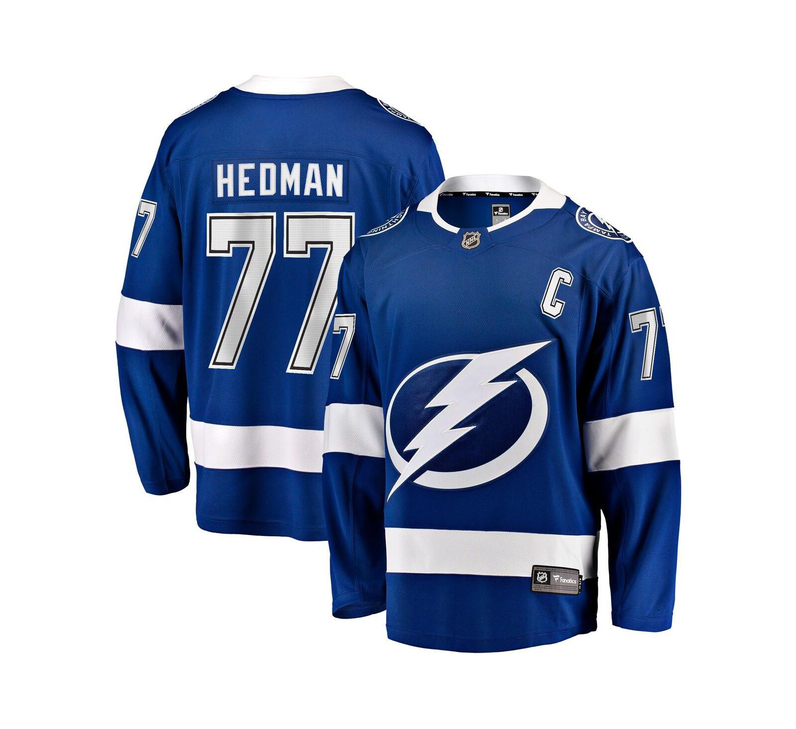 Мужская джерси Fanatics Victor Hedman blue Tampa Bay Lightning Home Captain Patch Breakaway