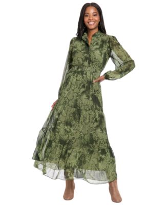 London Times Women's Printed Tiered Mock Neck Maxi Dress