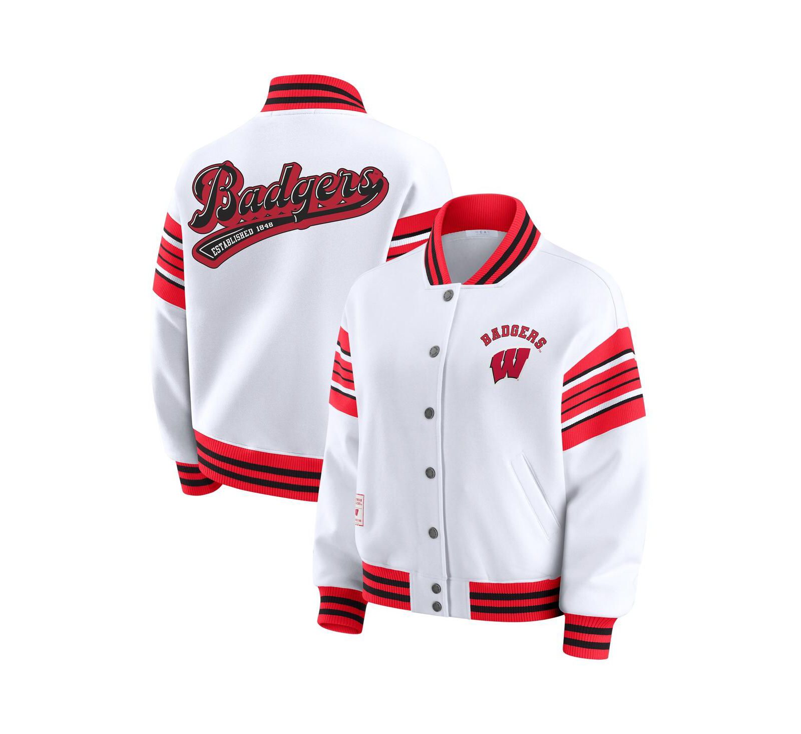 WEAR by Erin Andrews Women's White/Red Wisconsin Badgers Satin Stitch Full-Snap Fleece Sweatshirt Jacket