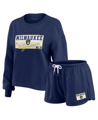 WEAR by Erin Andrews Women's 2-Piece Navy Milwaukee Brewers Heavy Rugby Jersey Long Sleeve T-Shirt and Shorts Lounge Set