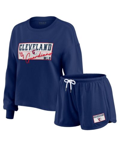 Женский комплект из футболки с длинным рукавом и шорт WEAR by Erin Andrews Navy Cleveland Guardians Heavy Rugby