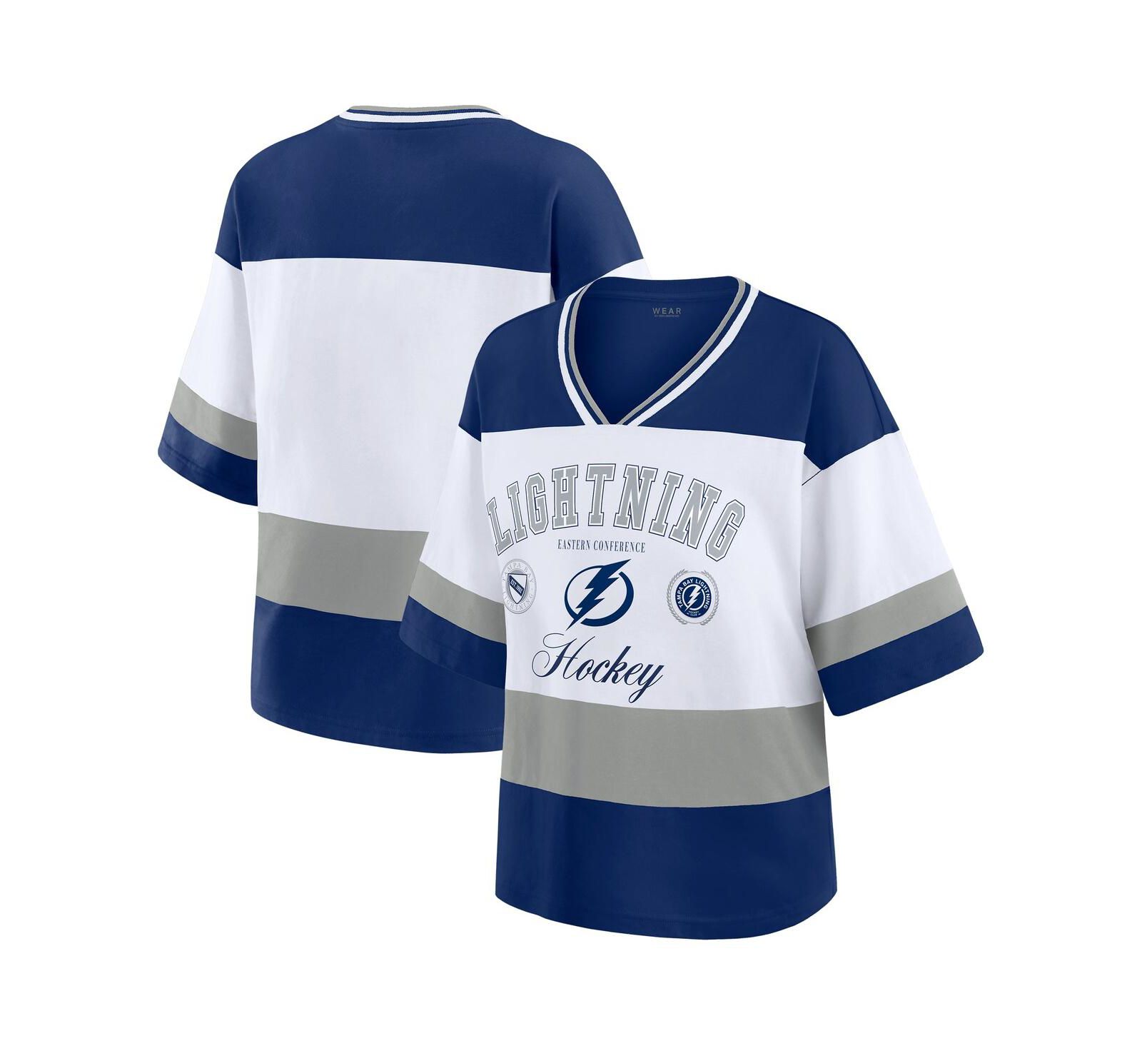 WEAR by Erin Andrews Women's Blue/White Tampa Bay Lightning Football T-Shirt